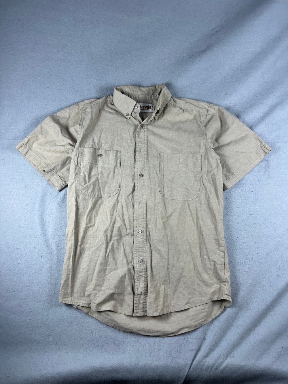 Wrangler Shirt Mens M Beige Short Sleeve Button Up Pockets Stretch Workwear